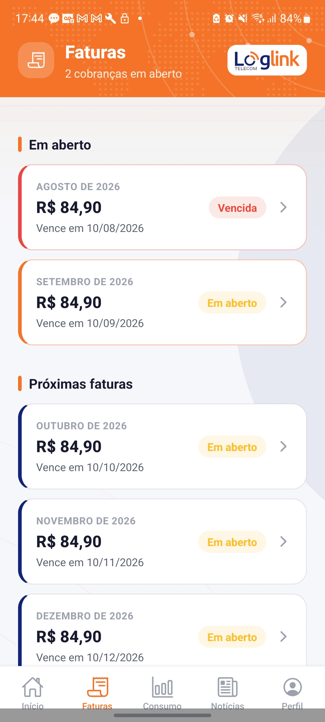 Tela Faturas do app, com faturas em aberto e pagas