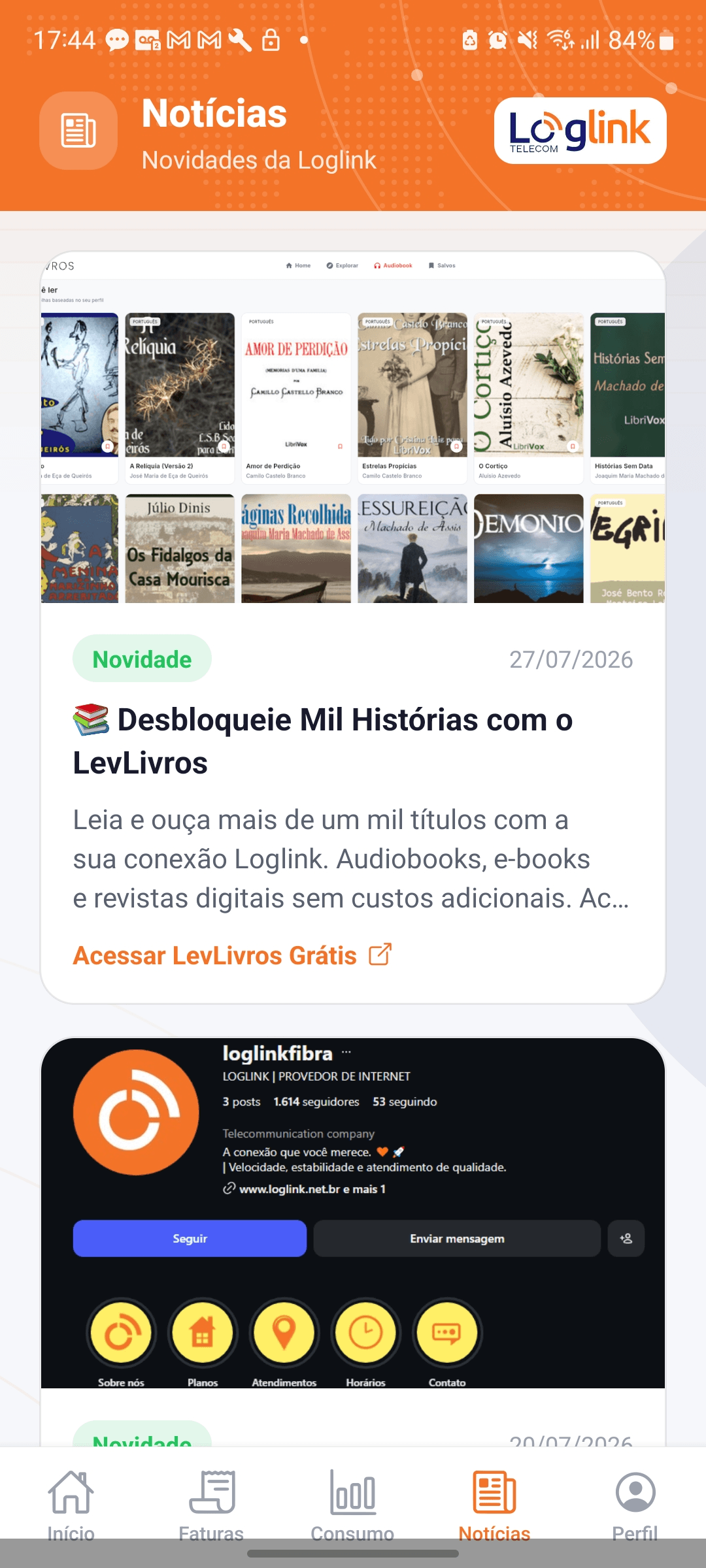 Tela Notícias do app, com avisos e promoções da LogLink